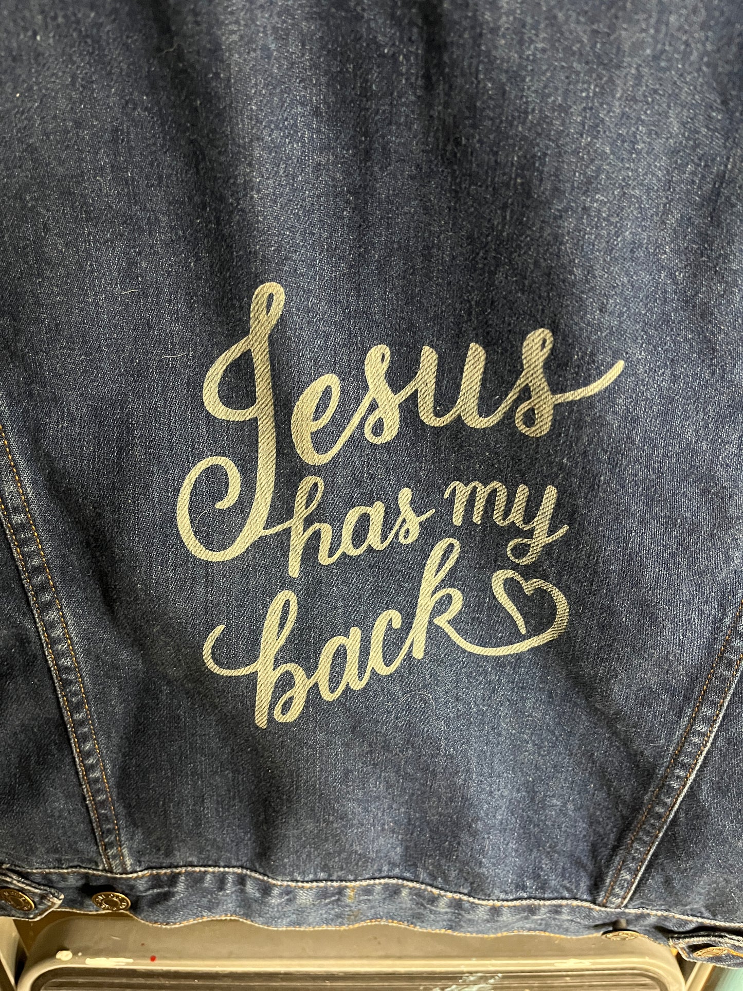 "Jesus has my back" Jean Jacket- XL