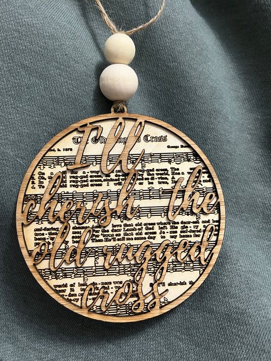 “I’ll Cherish the Old Rugged Cross” Wooden Hymn Ornament