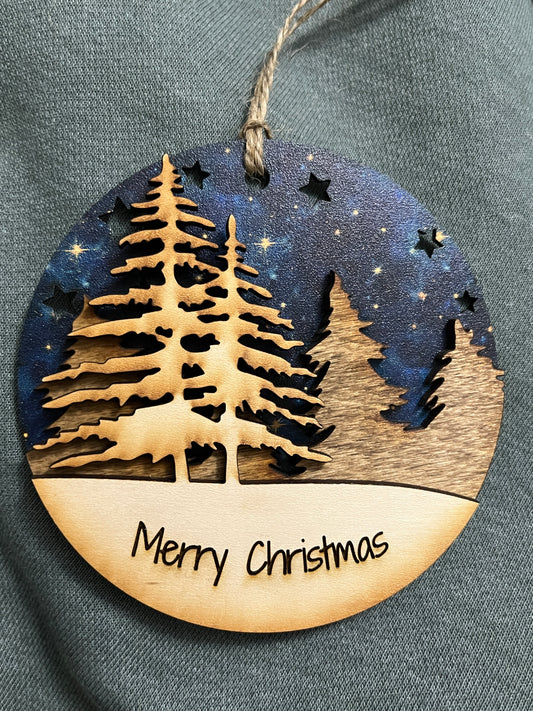Woodland Night “Merry Christmas” Wooden Ornament