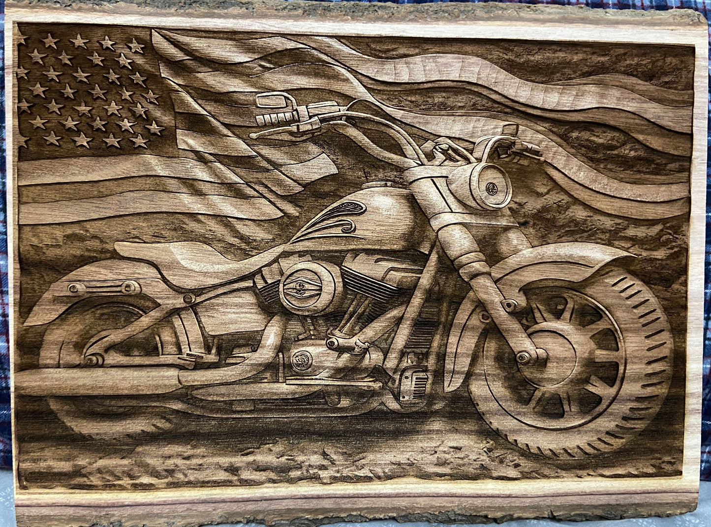 3D Wood Engraved Motorcycle and Flag