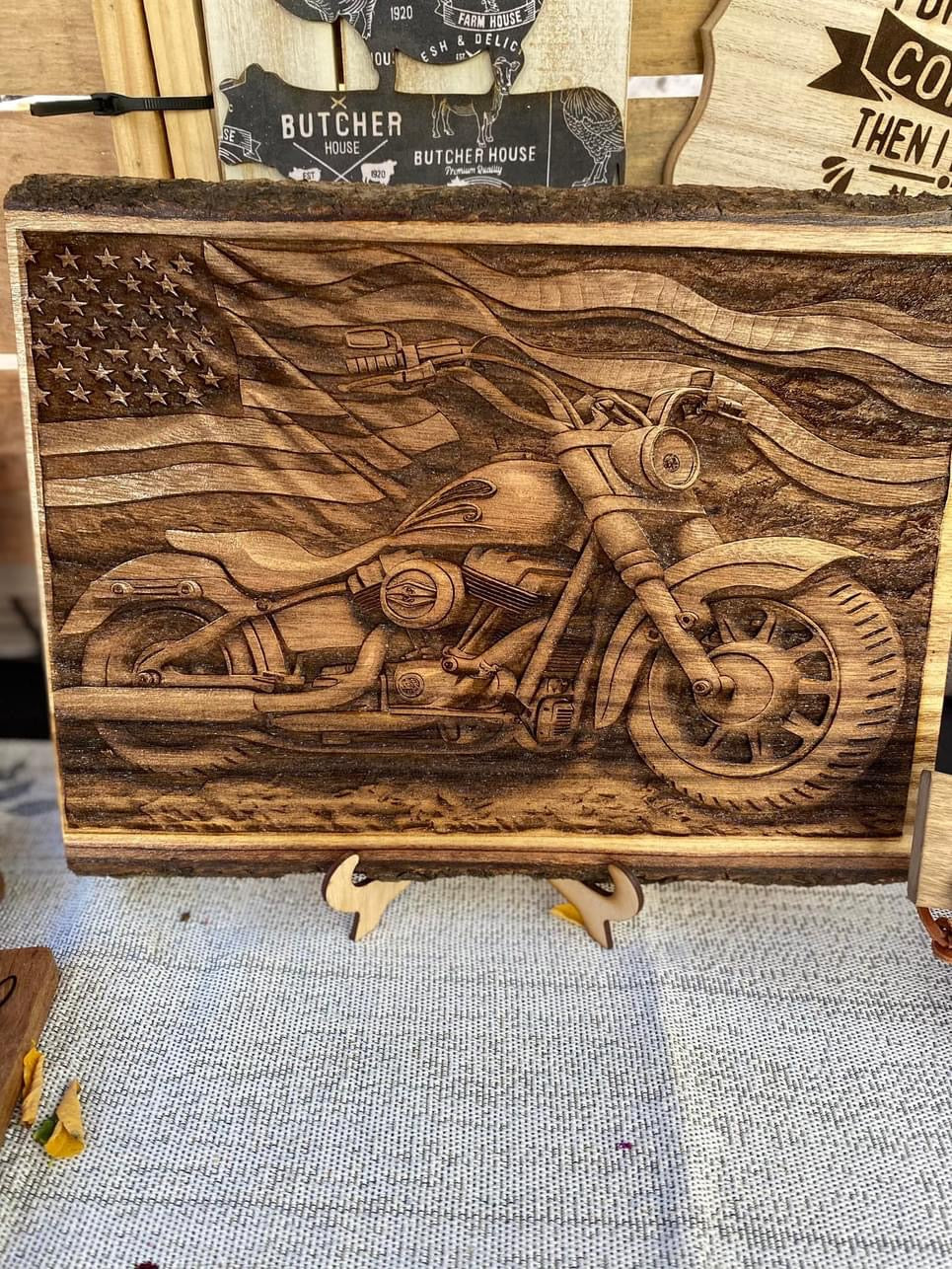 3D Wood Engraved Motorcycle and Flag