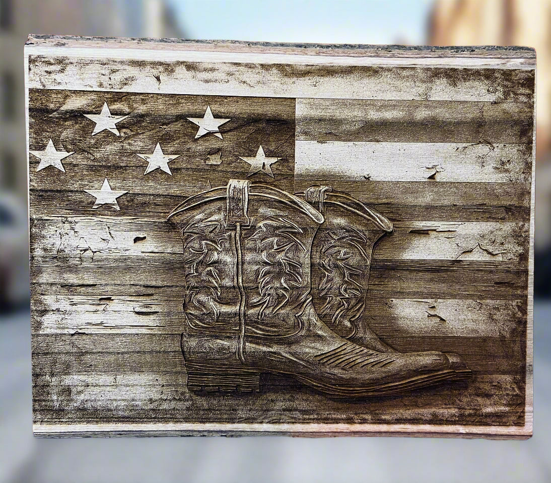 3D Wood Engraved Cowboy boots and Flag